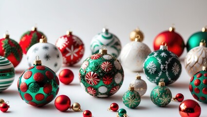 Aufkleber - Christmas ornaments in red green and white colors arranged on a light background with copy space for text