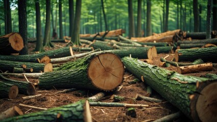 Aufkleber - Fallen tree logs in a lush green forest floor with natural light filtering through trees showing environmental impact and wood processing Copy Space