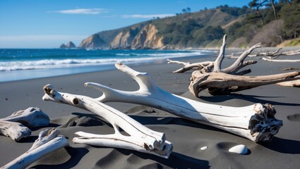 Poster - Driftwood on a sandy beach with ocean waves and cliffs under a clear blue sky in a natural coastal landscape with Copy Space