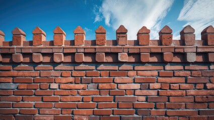 Fototapete - Brick wall with decorative top and blue sky background, architectural detail, copy space available for text.