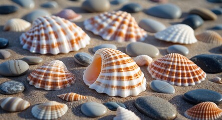 Poster - Seashells and smooth pebbles on sandy beach surface natural textures and colors with Copy Space