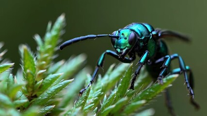 Aufkleber - Close-up view of a vibrant green insect on moss in a forest setting