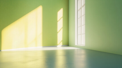 Sticker - Sunlit corner: A vibrant, light-filled room with pastel green walls and a luminous window, casting bright shadows on the glossy floor.