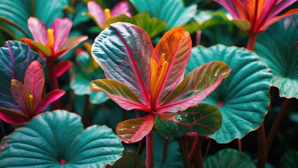 Poster - Colorful tropical foliage with vibrant pink and green leaves in a lush garden setting suitable for nature backgrounds and botanical themes. Copy Space