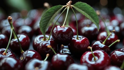 Aufkleber - Freshly harvested ripe cherries with green leaves arranged on dark surface, healthy fruit abundance, Copy Space