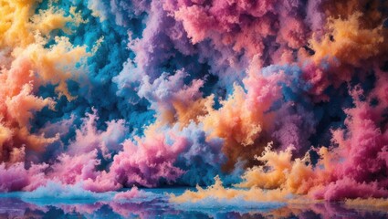 Leinwandbilder - Colorful abstract smoke or fog background in shades of pink, blue, and orange with reflection on a smooth surface, Copy Space available.