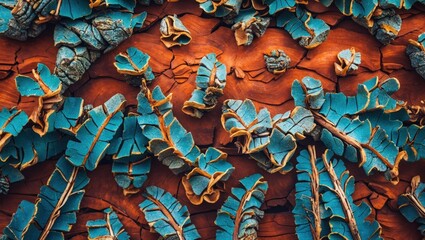 Aufkleber - Colorful blue ferns on textured brown wooden surface with intricate details and natural patterns Copy Space