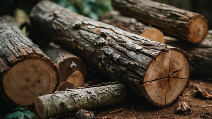 Aufkleber - Stacked logs in a forest setting showcasing wood texture and natural surroundings with focus on cut ends and bark detail. Copy Space