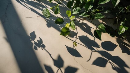 Poster - Shadows of Green Leaves on Light Colored Wall with Direct Sunlight and Natural Textures Copy Space