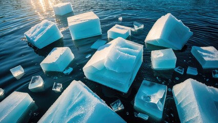 Poster - Icebergs and Ice Blocks Floating in Calm Water with Sunlight Reflection and Clear Blue Color Tone