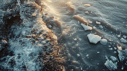 Aufkleber - Crystal clear water glistens under the warm glow of the setting sun as waves interact with floating ice chunks, creating a mesmerizing arctic scene that captures nature's beauty.