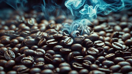 Poster - Coffee beans with steam rising in the air close up shot against a dark background with ample Copy Space for text placement