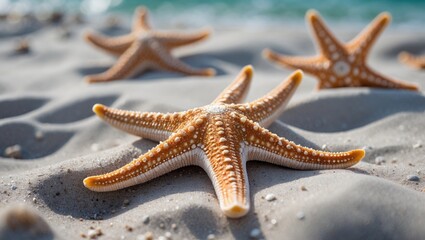 Starfish on sandy beach with shallow water in background, showcasing detail and texture, natural marine environment, Copy Space