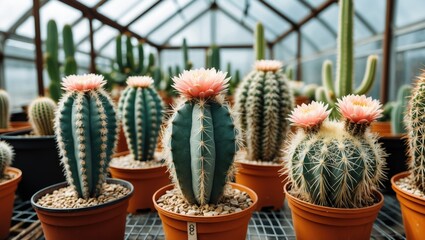 Aufkleber - Colorful flowering cacti in terracotta pots arranged in a greenhouse with bright lighting and various cactus species in the background