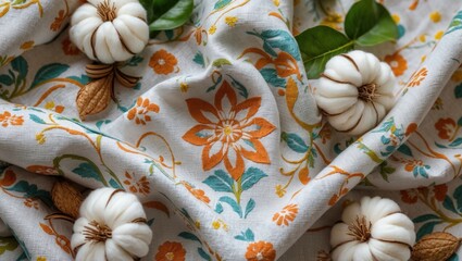 Poster - Decorative fabric with floral pattern featuring white pumpkins and leaves, autumn theme with detailed texture, natural elements, Copy Space
