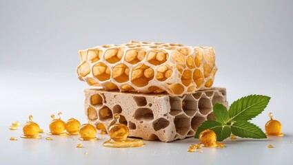 Poster - Honeycomb with liquid honey and mint leaves on a light background with Copy Space