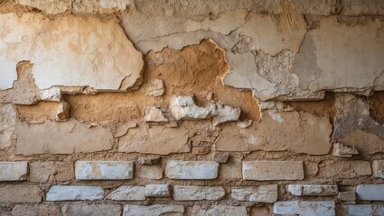 Aufkleber - Textured wall with peeling paint and exposed brick, showing signs of weathering and age, with neutral color palette and Copy Space.