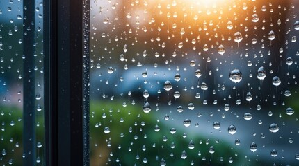 Fototapete - Close-up of water droplets on glass window with soft focus background of greenery and sunset light, ideal for weather or nature themes, Copy Space