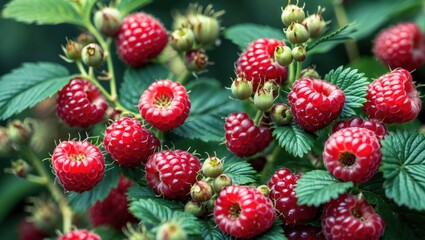 Aufkleber - Ripe fresh raspberries on green leaves in a natural setting with copy space for text