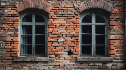 Aufkleber - Old brick wall with two arched windows featuring wooden frames and gray accents, showcasing a rustic architectural style, Copy Space.