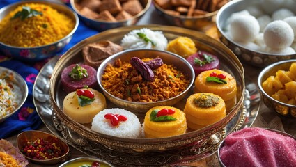 Poster - Traditional Indian sweets and snacks arranged in decorative platter with colorful garnishes and various textures on festive table setting