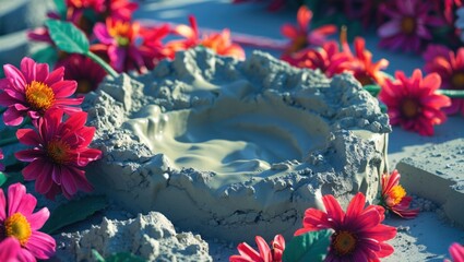 Poster - Decorative cement bowl surrounded by vibrant pink flowers on a textured surface with natural lighting and studio shadows Copy Space
