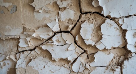 Poster - Cracked and Peeling Paint on Old Wall Texture with Visible Layering and Damage Copy Space