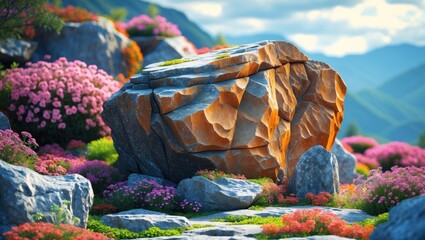 Poster - Colorful rock formation surrounded by vibrant flowers in a mountainous landscape with soft clouds in the sky and natural lighting Copy Space