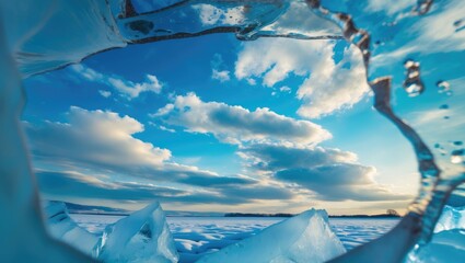 Poster - Winter landscape viewed through ice formations with blue sky and clouds at sunset, serene Arctic ambiance, Copy Space