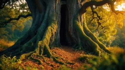 Poster - Ancient tree trunk with mossy roots and dark hollow opening surrounded by vibrant foliage in sunlight Copy Space