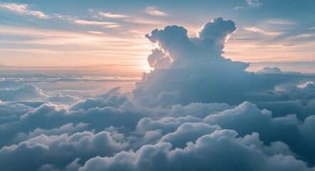 Aufkleber - Sunset over fluffy clouds with dramatic formations and soft light creating an atmospheric scene ideal for background or serene compositions Copy Space