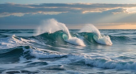 Aufkleber - Dynamic Ocean Waves at Sunset with Splashes and Reflections in Calm Water Copy Space