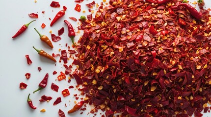 Poster - Colorful assortment of dried chili flakes and whole peppers on a white surface with copy space.