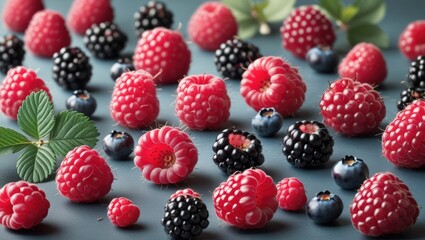 Aufkleber - Assorted Fresh Raspberries Blackberries and Blueberries on Blue Background with Green Leaves Copy Space