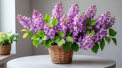 Poster - Lilac flowers in wicker basket with green leaves on round table with natural light from window Copy Space