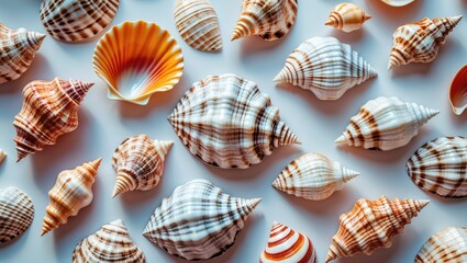Poster - Collection of various seashells in diverse shapes and colors arranged on a light background providing ample copy space for text placement