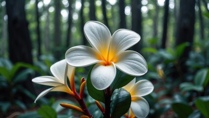 Poster - Close-up of white plumeria flowers with yellow center in a lush green forest background with blurred effect and ample copy space.