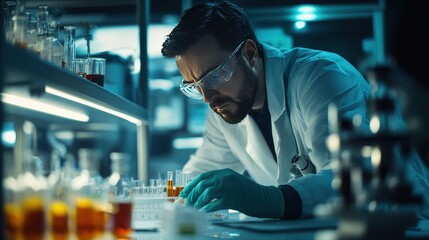 Poster - A medical researcher studying vaccine efficacy, surrounded by test tubes and lab equipment