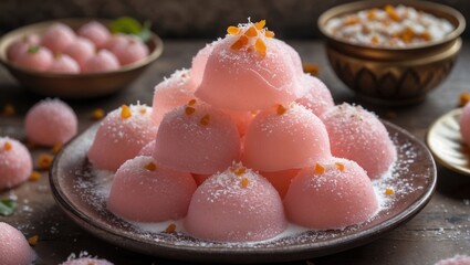 Aufkleber - Colorful pink coconut sweets arranged on a decorative plate with garnishes on a wooden table background Copy Space