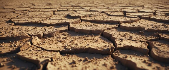 Poster - Dry cracked soil surface with uneven patterns and texture in arid landscape, showing signs of drought and land degradation