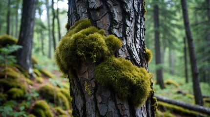 Poster - Moss covered tree trunk in lush green forest environment with blurred background and natural earthy tones Copy Space