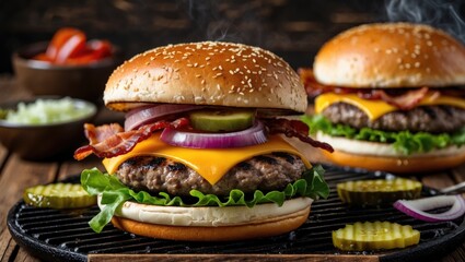 Aufkleber - Delicious grilled cheeseburgers with bacon lettuce onion and pickles on sesame seed buns with fresh ingredients in the background Copy Space
