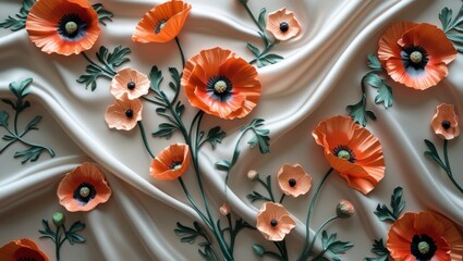 Poster - Orange poppy flowers arranged artistically on textured fabric surface with green leaves and stems, soft background, Copy Space