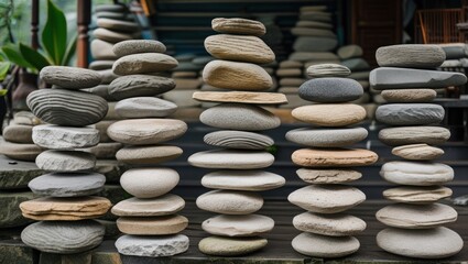 Poster - Stacked stones of various sizes and colors arranged vertically on textured surface with natural background and copy space