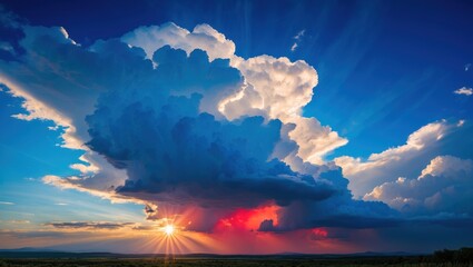 Aufkleber - Dramatic sunset with colorful clouds and rays of light over a tranquil landscape with ample Copy Space for text