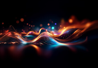 Aufkleber - Abstract waves of vibrant light cascade across a deep black background.  Orange, blue, and purple hues blend smoothly, creating a dynamic and elegant digital artwork with bokeh.