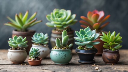 Aufkleber - Assorted collection of succulent plants in decorative pots on a rustic wooden table with a blurred background and Copy Space