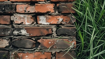 Poster - Brick wall texture with green grass growing in between bricks showing rustic aged construction and natural elements with Copy Space