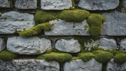 Poster - Moss covered stone wall texture with green moss growth on rough stones suitable for natural backgrounds or surface patterns