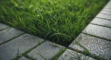 Poster - Lush green grass growing between textured stone paving tiles in a garden setting with ample Copy Space for text overlay